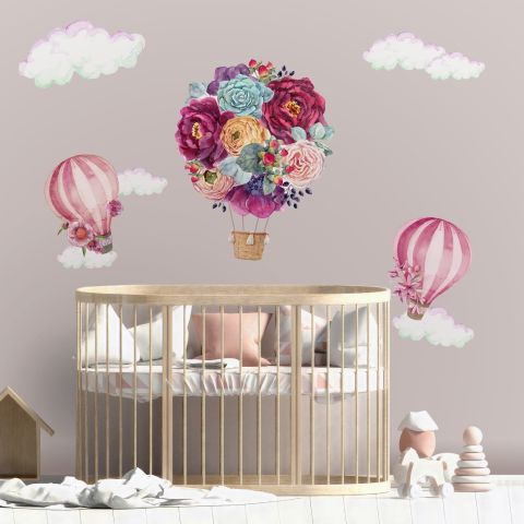 Colorful Floral Bouqet Hot Air Balloon and Pink Clouds Wall Decal Sticker