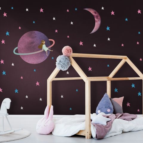 Colorful Space with Cute Little Girl on the Saturn Rings and Pink Moon Wall Decal Sticker