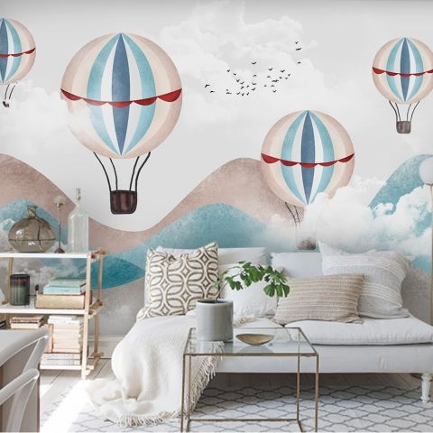 Kids Blue Brown Mountainscape with Hot Air Balloon Wallpaper Mural