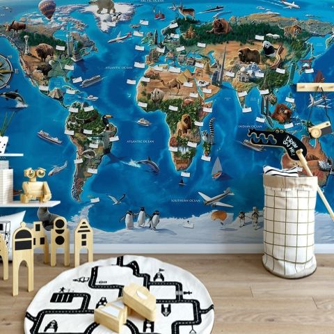 3D Look Kids World Map with Compass Wallpaper Mural
