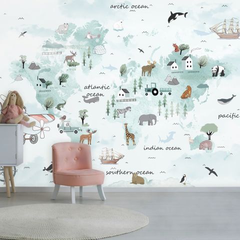 Kids Blue World Map with Cute Animals with Flying Rabbit Wallpaper Mural