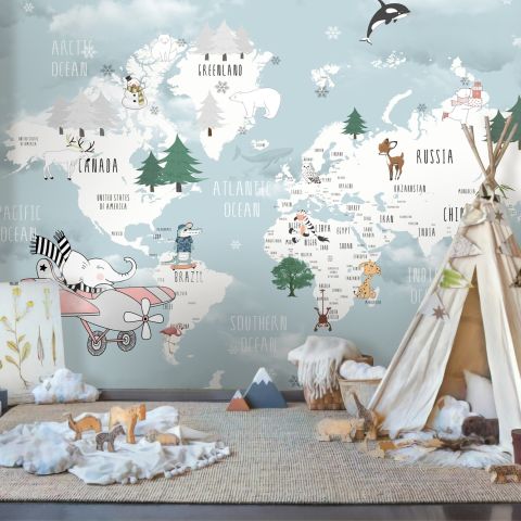 Blue World Map - Blue World Map Wallpaper Mural