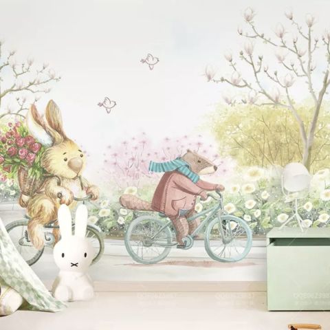 Cartoon Bear in the Flower Garden Wallpaper Mural