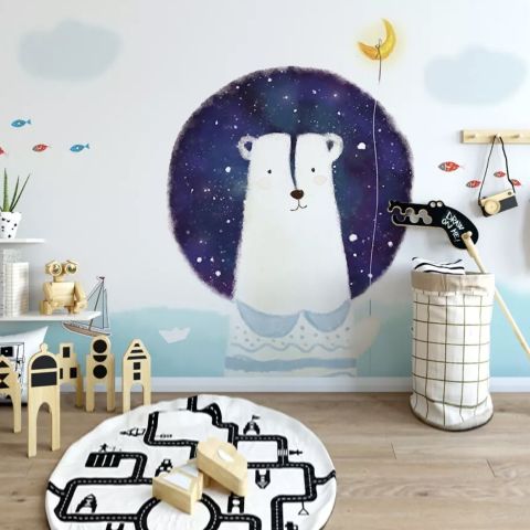 Cartoon Bear with Nightscape Wallpaper Mural