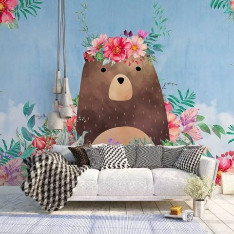 Flowery Cartoon Bear Wallpaper Mural