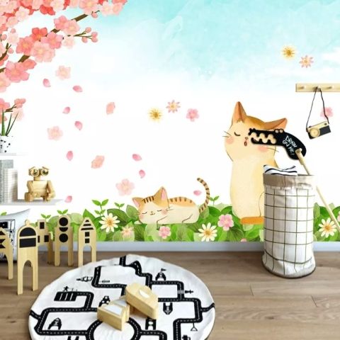 Cherry Blossom and Cartoon Cats Wallpaper Mural