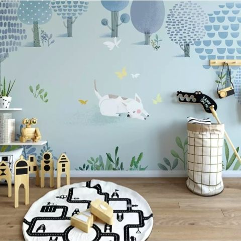 For Kids Blue Trees and Dogs Wallpaper Mural