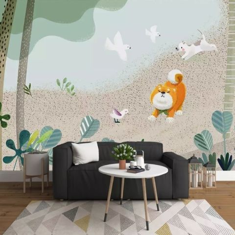 Cartoon Dogs and Birds Wallpaper Mural