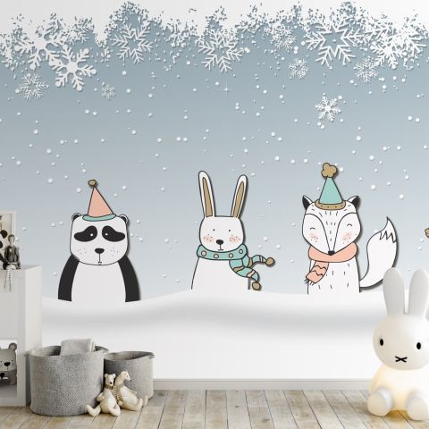 Cartoon Fox and Panda Winter Animals Wallpaper Mural