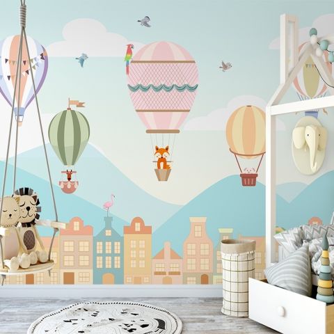 Kids Hot Air Balloon and Little House Wallpaper Mural