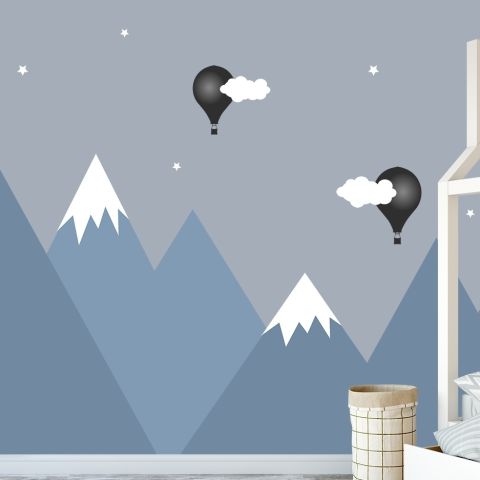 Cartoon Mountain Landscape with Hot Air Balloon Wallpaper Mural