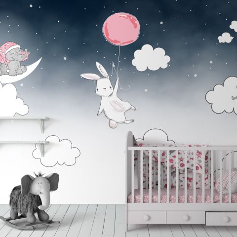 Cartoon Nightscape with Rabbit and Elephant Wallpaper Mural