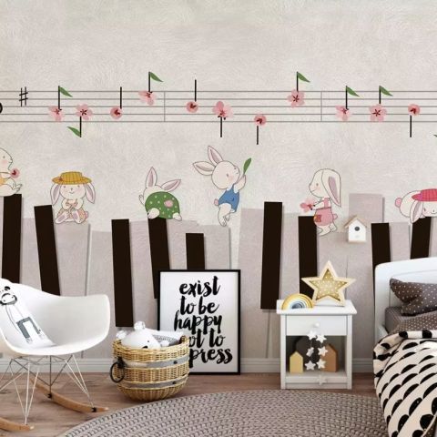 Cartoon Piano with Rabbits Wallpaper Mural