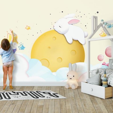 Baby Cartoon Rabbit and Yellow Moon Wallpaper Mural