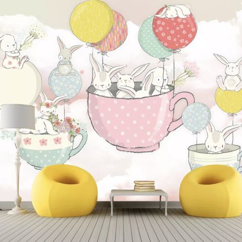 Rabbit Flying in the Cups with Baloon Wallpaper Mural