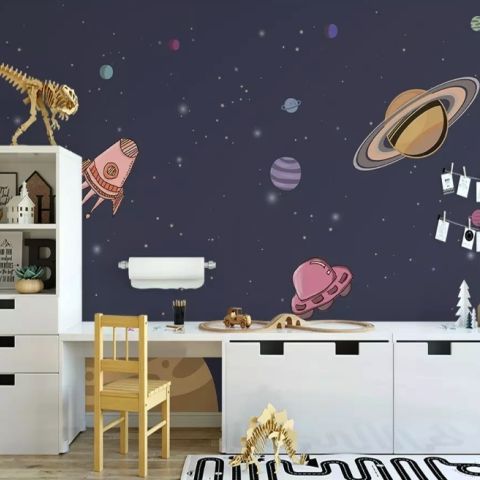 Watercolor Cartoon Space with Planets Wallpaper Mural