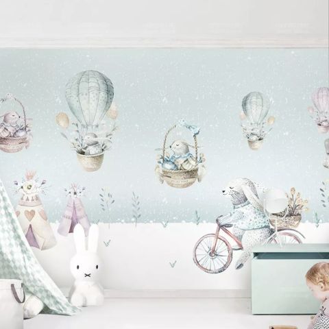 Cartoon Winterscape and Squirrels with Hot Air Balloons Wallpaper Mural