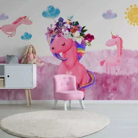 Cartoon Pink Unicorn Drawing Art Wallpaper Mural