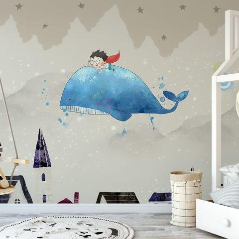 Cartoon Village and Little Child on the Flying Whale Wallpaper Mural