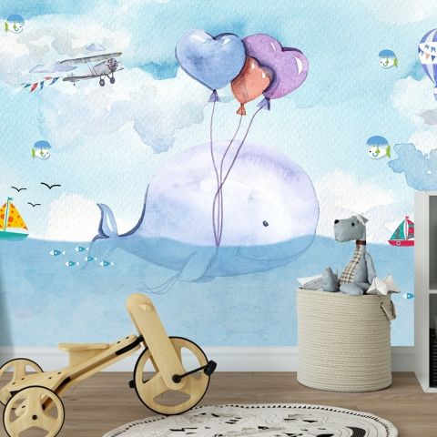 Cartoon Whale Sea Landscape Wallpaper Mural