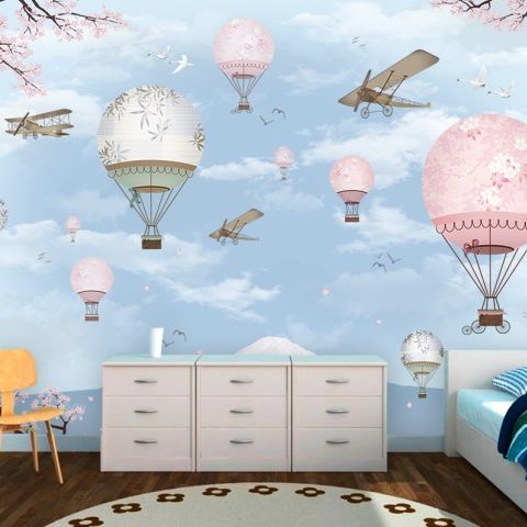 Cherry Blossom with Soft Hot Air Balloon Wallpaper Mural