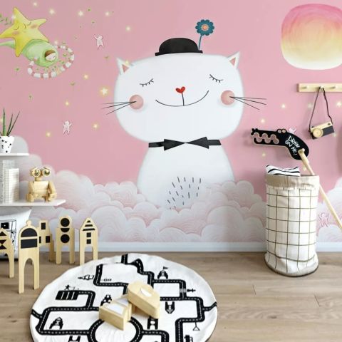 Cartoon Happy Cat on the Pink Clouds Wallpaper Mural
