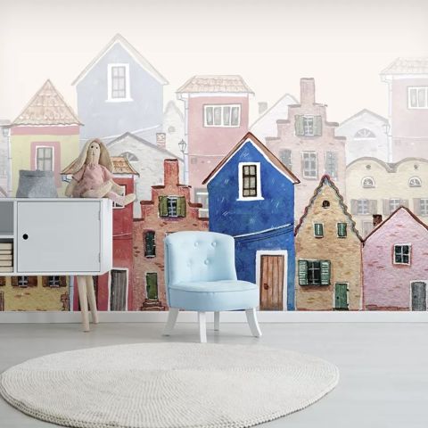 Watercolor Cartoon Town Street Wallpaper Mural