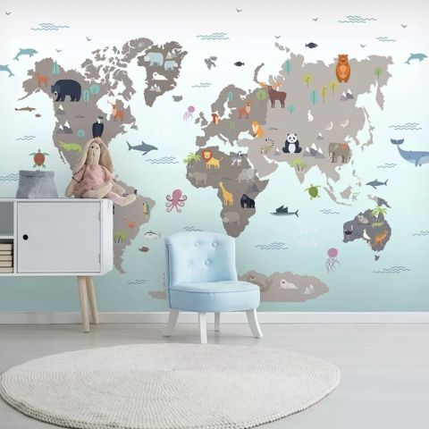 Gray Kids World Map Wallpaper Mural