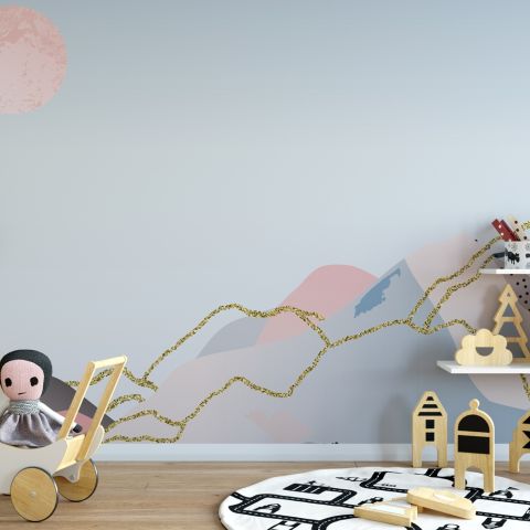 Colorful Mountain with Pink Sun Wallpaper Mural
