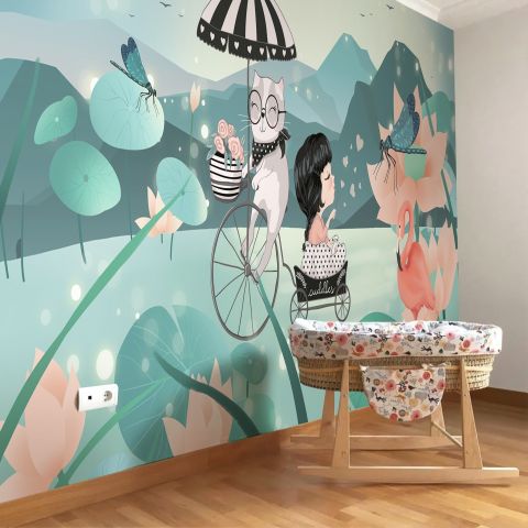Cute Little Girl with Cat and Pink Lotus Cartoon Wallpaper Mural for Girls Room