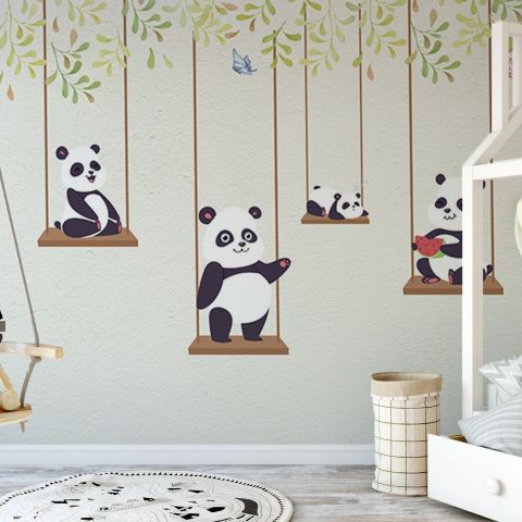 Cute Pandas Swinging Wallpaper Mural