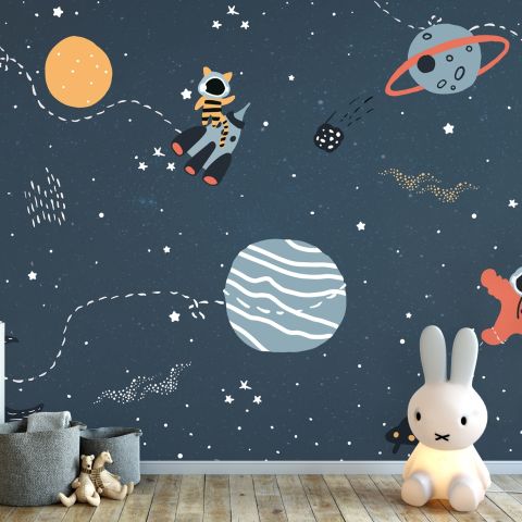 Nursery Space with Colorful Planets and Little Stars Wallpaper Mural