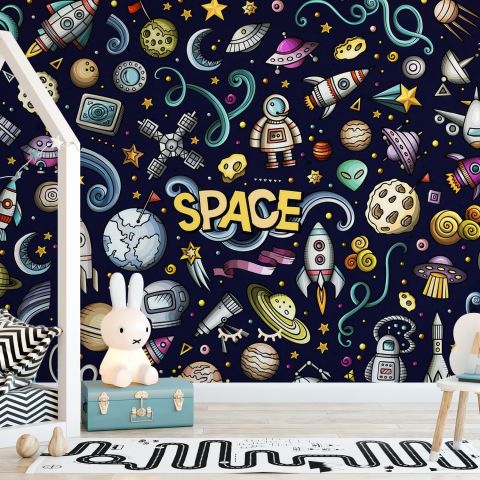 Kids Cartoon Space with Astronaut and Colorful Planets Wallpaper Mural