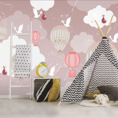 Kids Pink Hot Air Balloon and White Cloud Wallpaper Mural