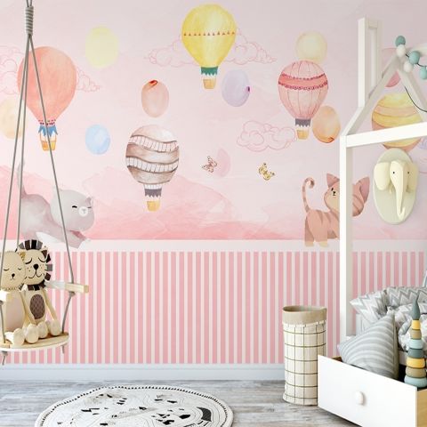 Watercolor Pink Sky with Cute Cat and Hot Air Balloon Wallpaper Mural
