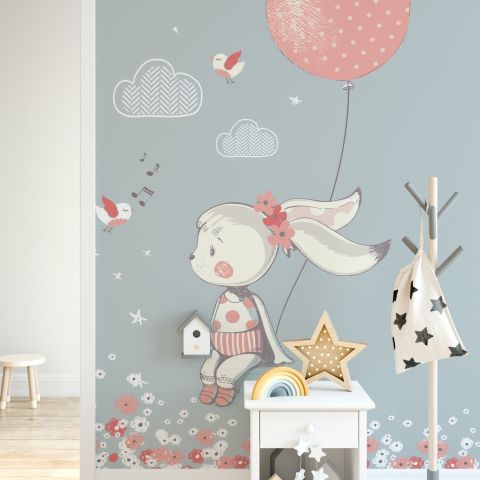 The Rabbit Girl with Pink Balloon and Little Flowers Wallpaper Mural