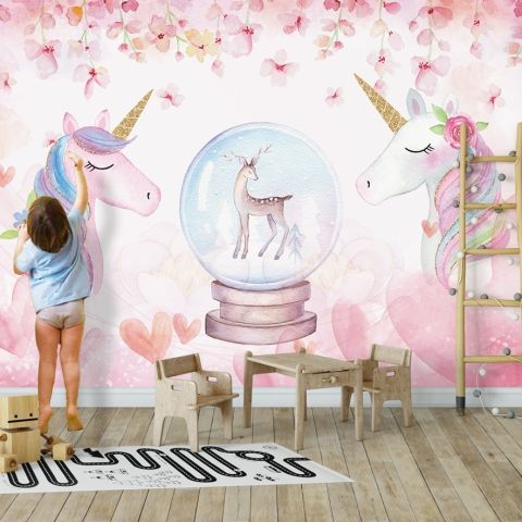 Kids Girls Unicorn with Pink Florals Wallpaper Mural