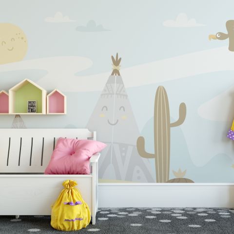 Cartoon Landscape with Happy Sun Wallpaper Mural