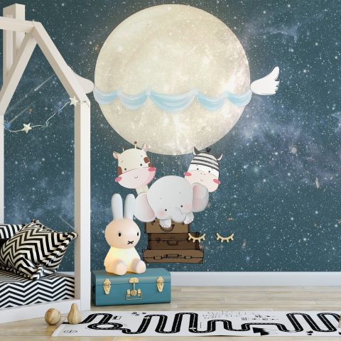 Kids Nightscape with Cow and Elephant Wallpaper Mural