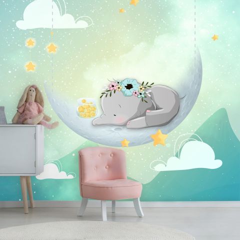 Watercolor Cute Elephant with Moon Wallpaper Mural