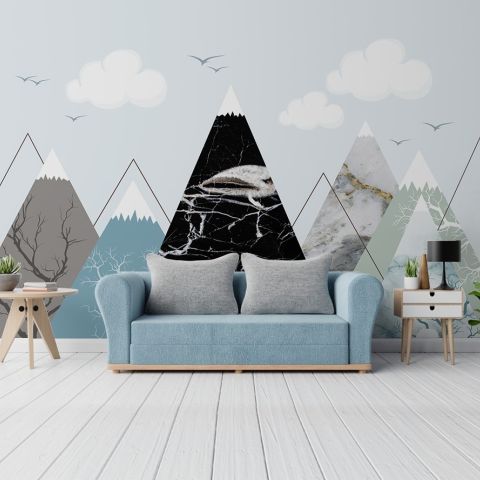 Kids Black Blue Cartoon Mountainscape Wallpaper Mural