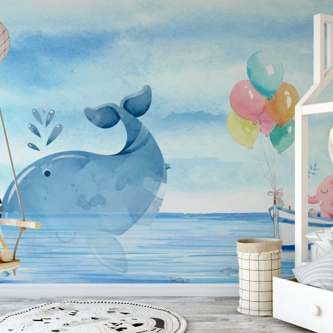 Cartoon Sea with Pink Elephant and Whales Wallpaper Mural