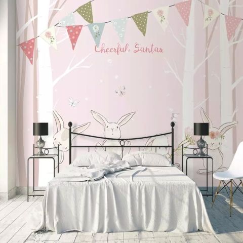Rabbits in the Pink Forest Wallpaper Mural
