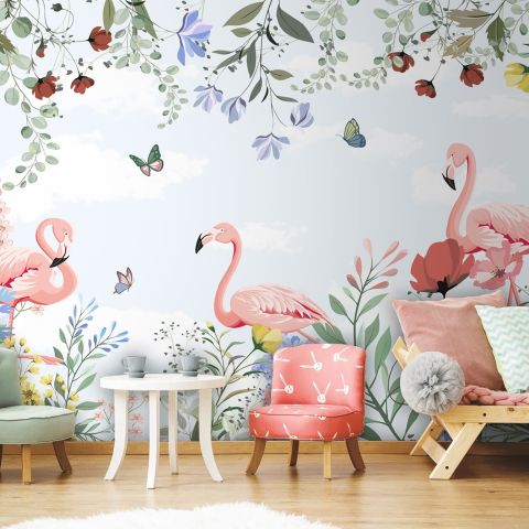 Flamingo with Colorful Floral Wallpaper Mural