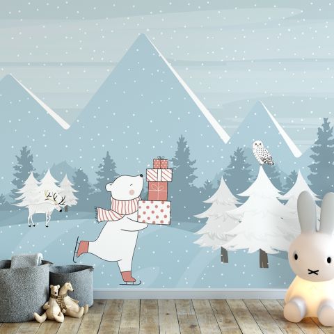 Ice Skater White Bear on the Snowy Winter Forest Wallpaper Mural