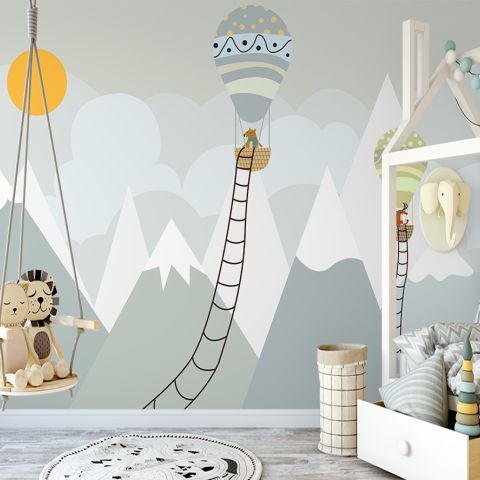 Kids Gray Mountainscape with Hot Air Balloon and Sun Wallpaper Mural