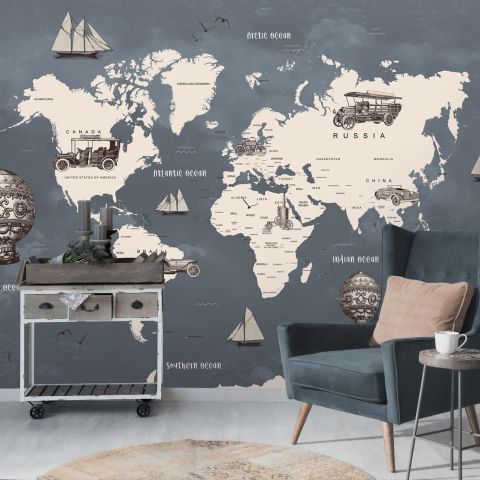 Kids Gray World Maps with Vintage Hot Air Balloon and Cars Wallpaper Mural