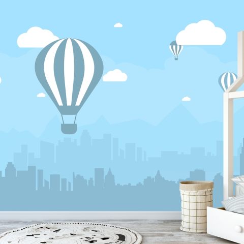 Hot Air Balloon and Blue City Landscape Wallpaper Mural