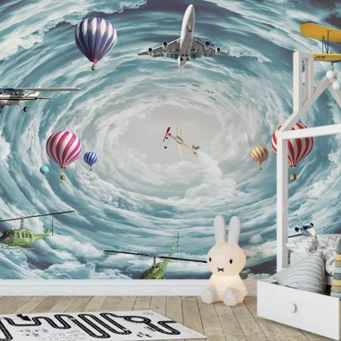 Hot Air Balloon and Airplanes on The Sky Wallpaper Mural