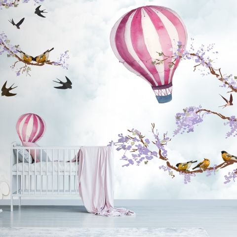 Kids Hot Air Balloon with Purple Blossom Wallpaper Mural